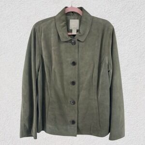 J. Jill Leather Jacket Olive Green Women M‎ Button Front Lined Modern Minimalist